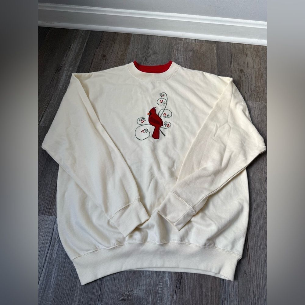 VTG Cardinal M & C Sportswear Grandma Sweater Embroidered Bird Cream Red Size L